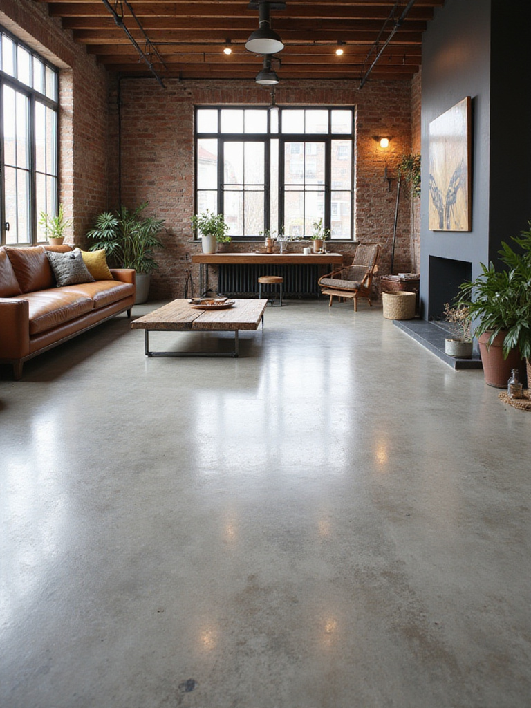 Industrial living room with polished concrete floor, leather sofa, and exposed brick walls