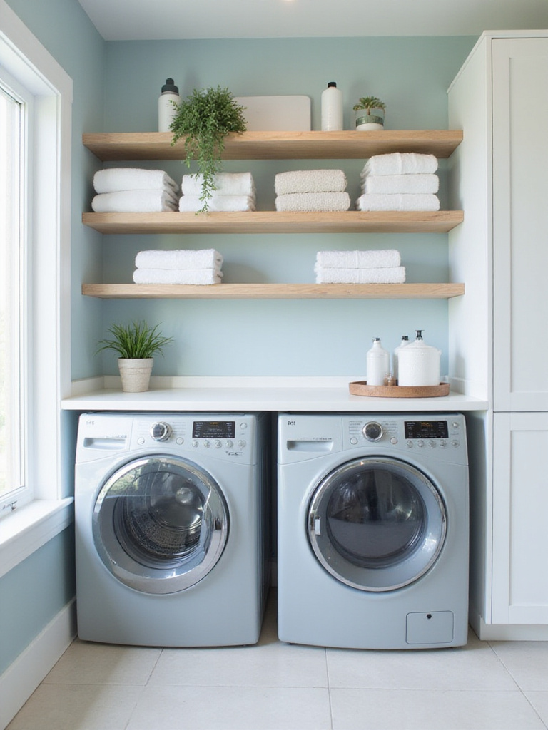Bright and organized laundry room with smart shelving and cabinetry for maximum storage.