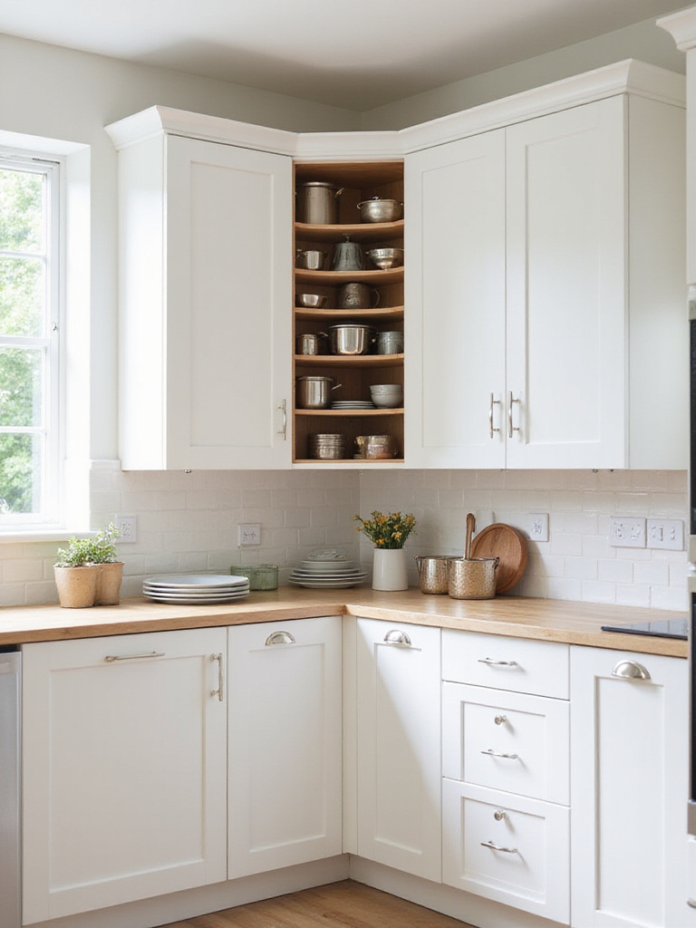 Modern kitchen corner cabinet with LeMans corner unit fully extended, showcasing organized storage.