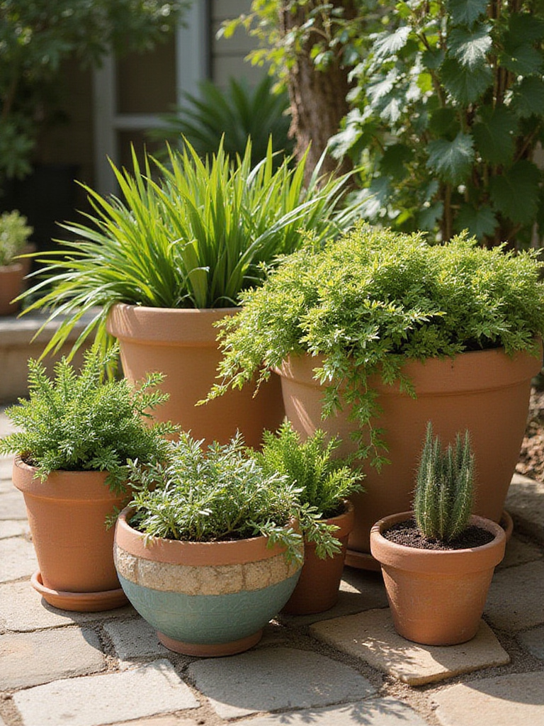 Variety of patio plants in different containers on a stone patio.