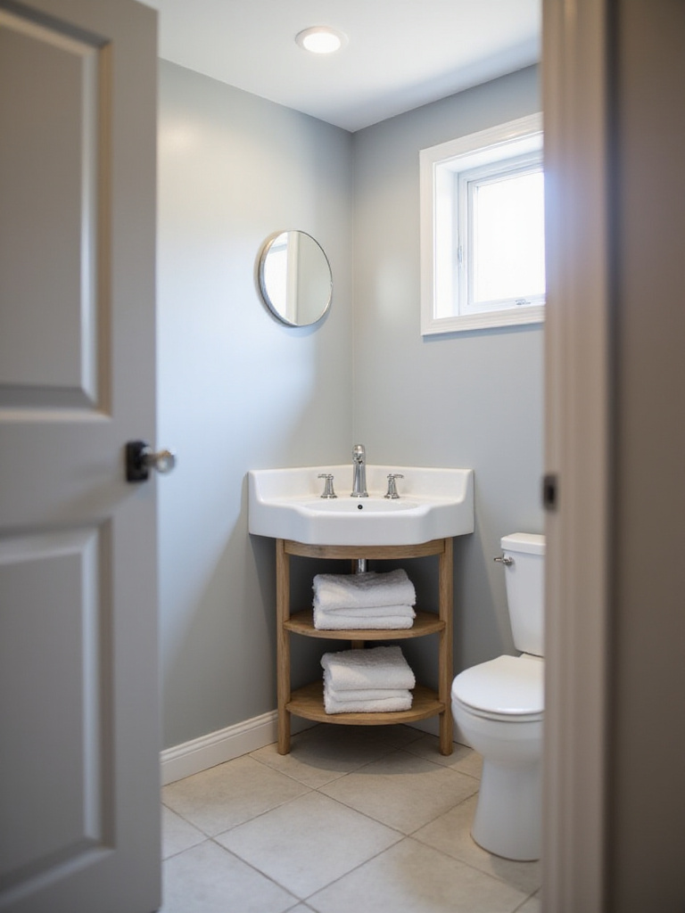 Small bathroom featuring a space-saving corner sink with open shelving for towel storage.