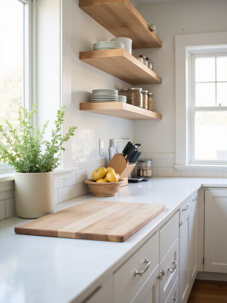Small kitchen with clear countertops and organized shelving.
