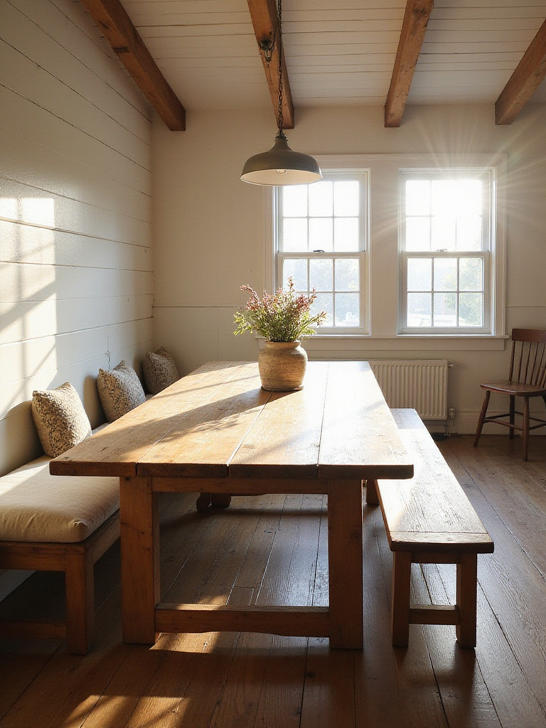 Cozy farmhouse dining room with a rustic wooden table, featuring a long bench with cushions and chairs, bathed in warm natural light.