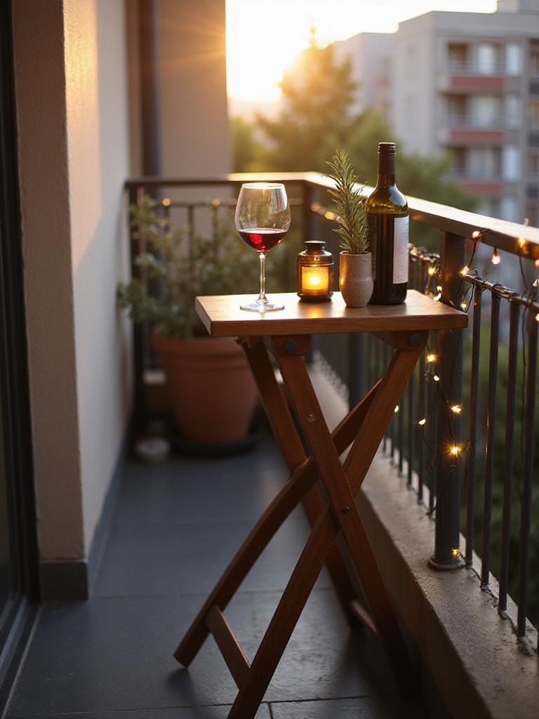 Cozy balcony bar setup with foldable table and wine glasses