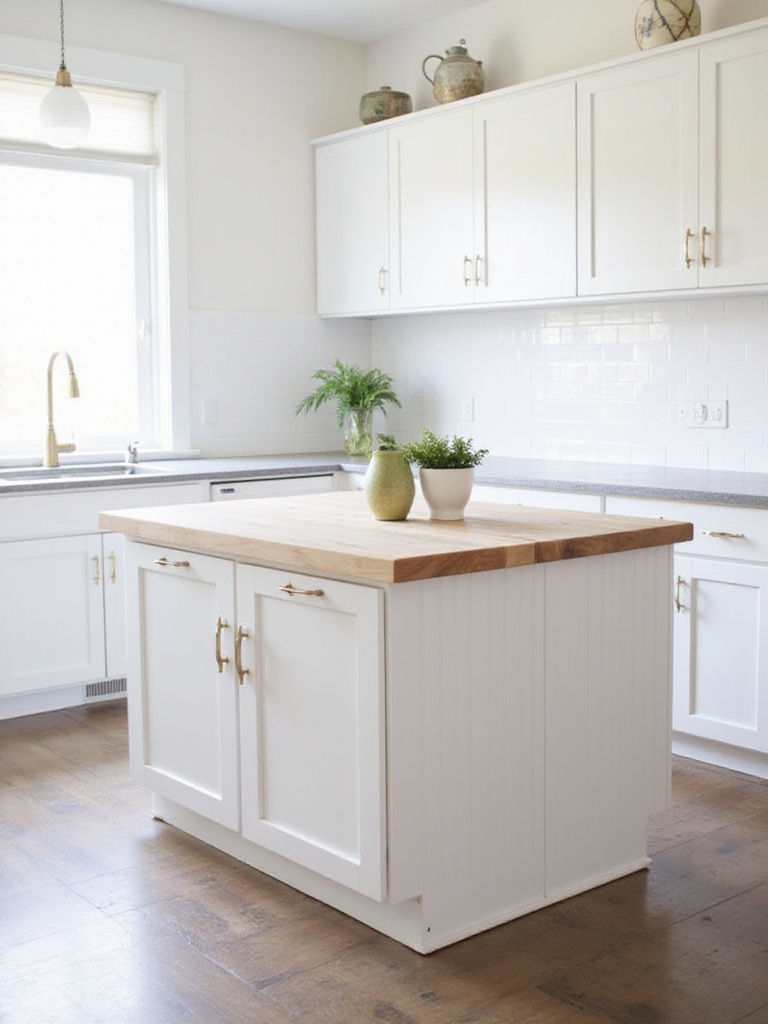 DIY kitchen island made from two white stock cabinets joined together, topped with a light wood butcher block countertop, in a bright, budget-friendly kitchen.