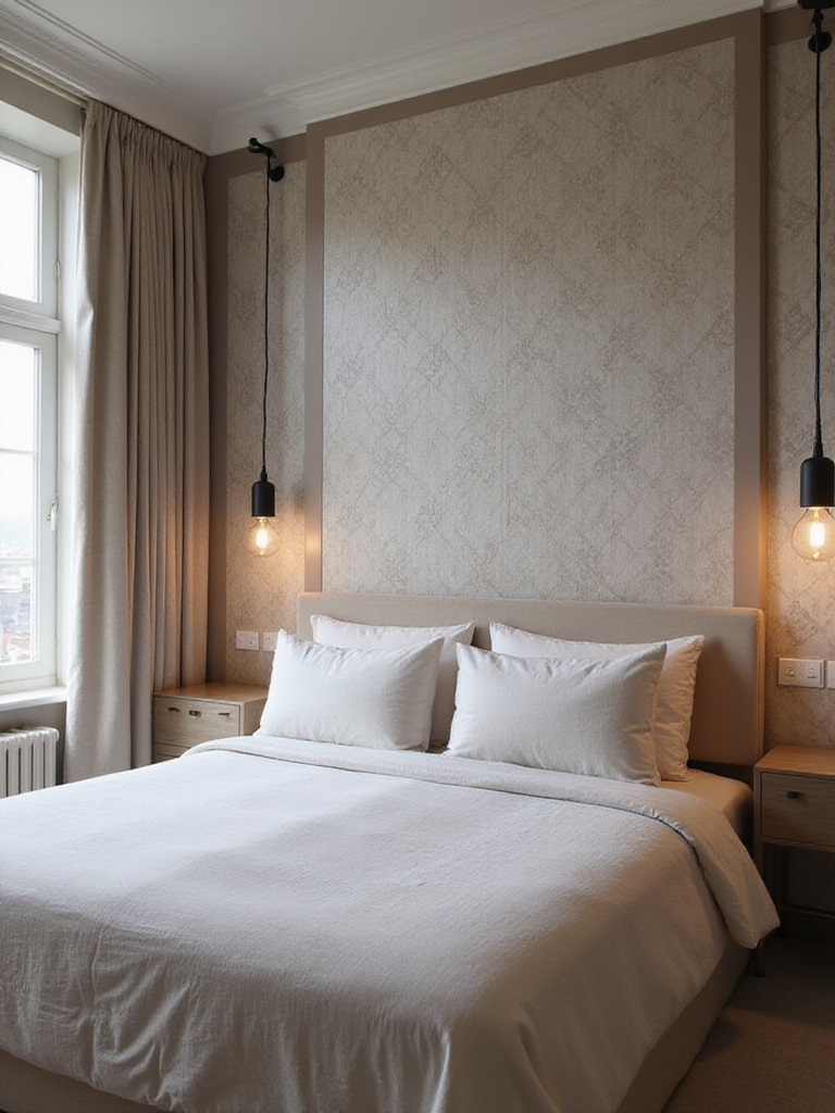 Master bedroom featuring 3D textured geometric wallpaper in neutral tones behind the bed, enhancing depth and visual interest.