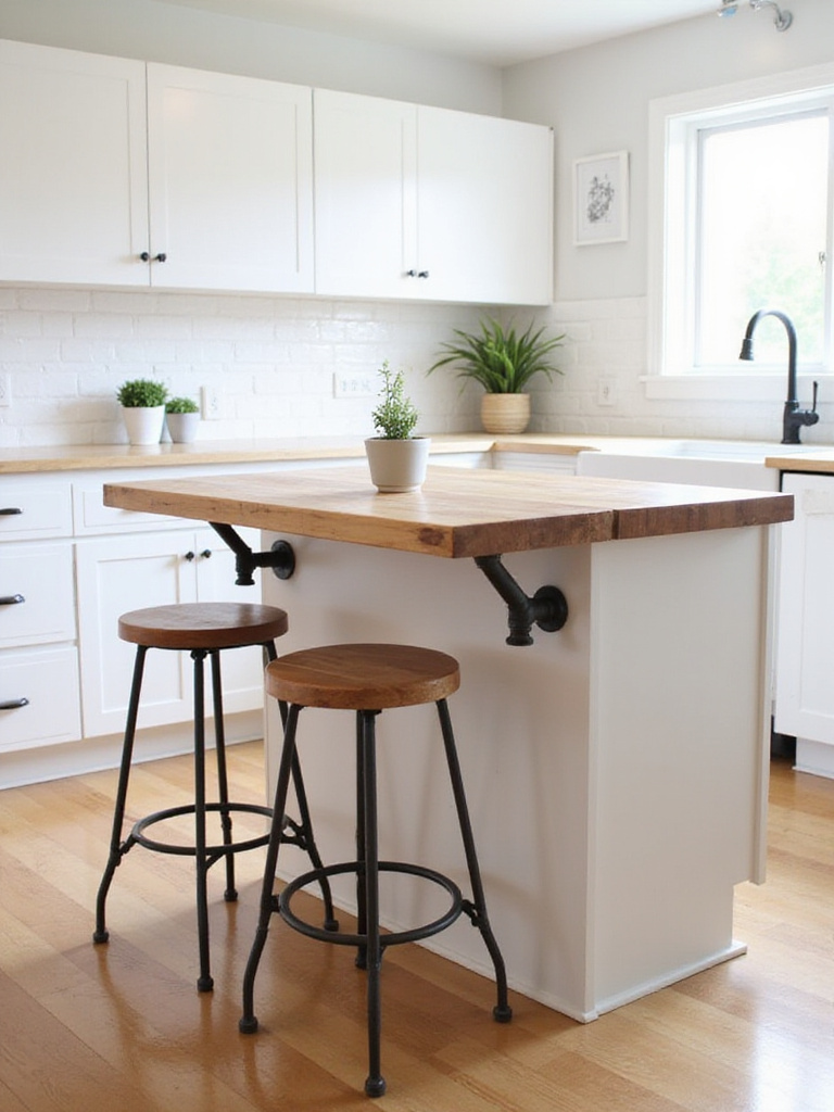 Budget kitchen island with a DIY butcher block breakfast bar extension and two stools, creating a functional breakfast nook.