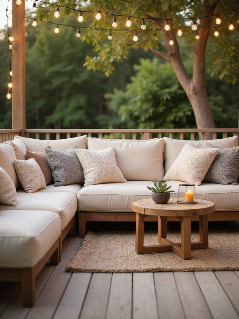 Cozy deck nook with plush outdoor seating and ambient lighting