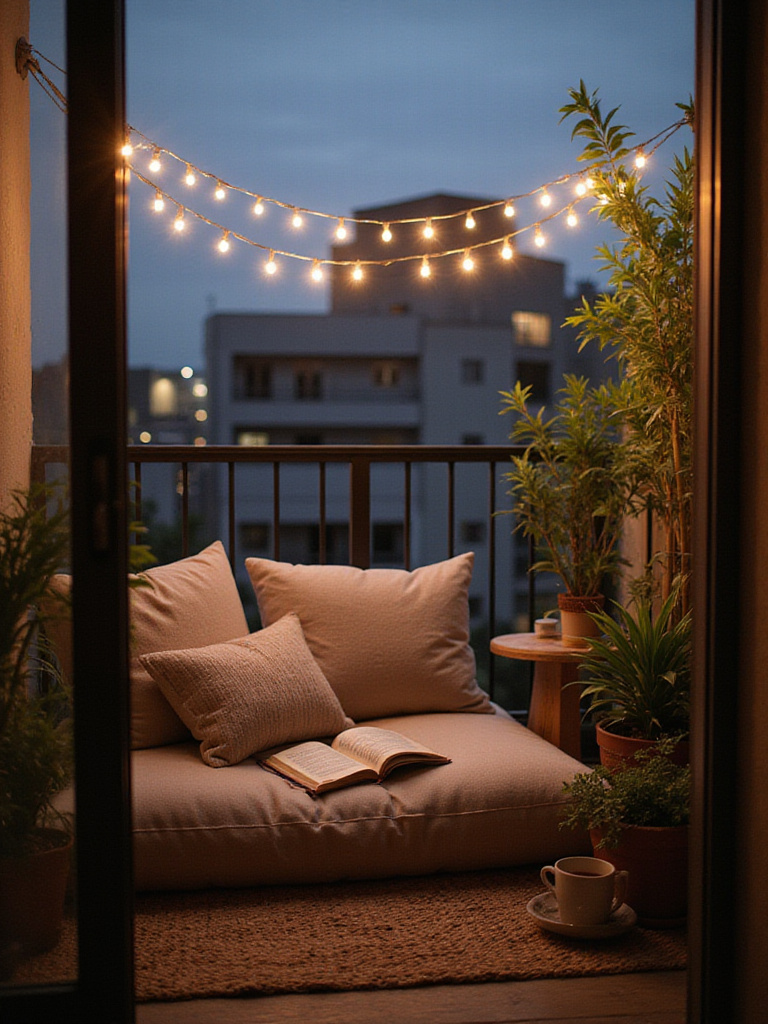 Cozy apartment balcony reading nook with plush seating and string lights.