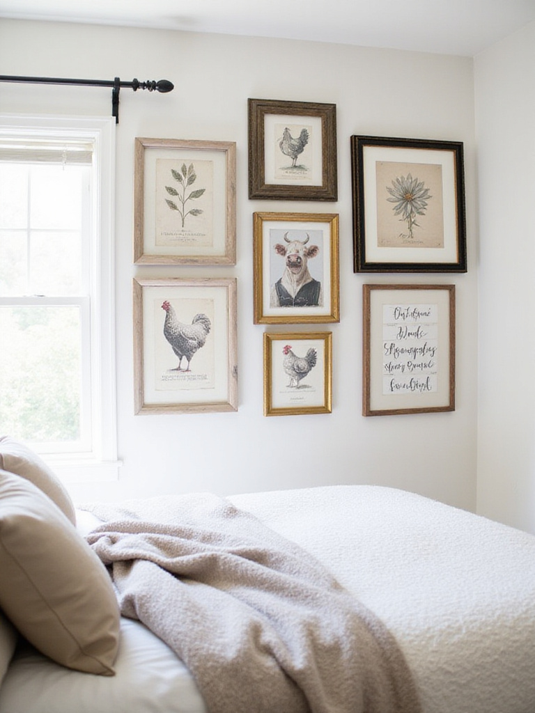 Farmhouse bedroom gallery wall featuring botanical prints and animal portraits.
