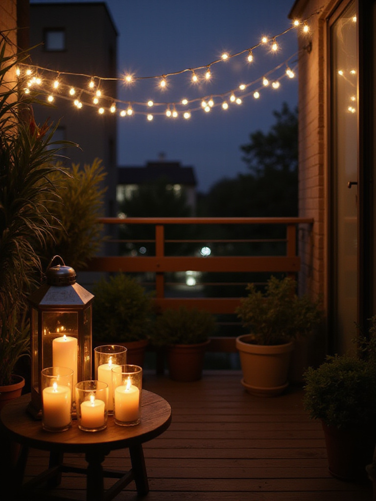 Apartment balcony with warm string lights and flameless candles creating a cozy atmosphere.