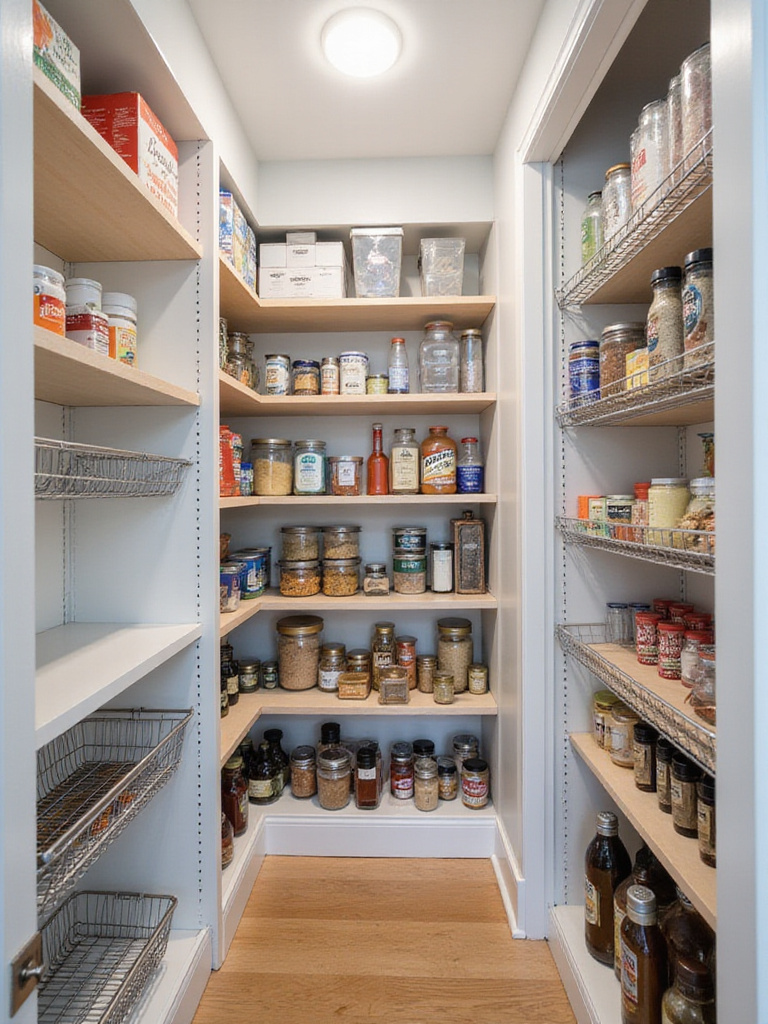 A modern, organized walk-in pantry showcasing clever storage solutions like pull-out baskets, clear containers, tiered shelves, and door racks.