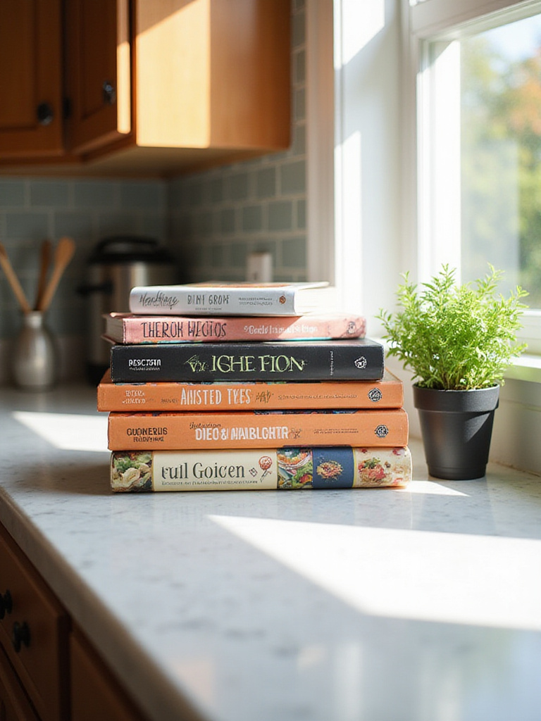 Stacked cookbooks on a kitchen countertop adding personality and culinary inspiration