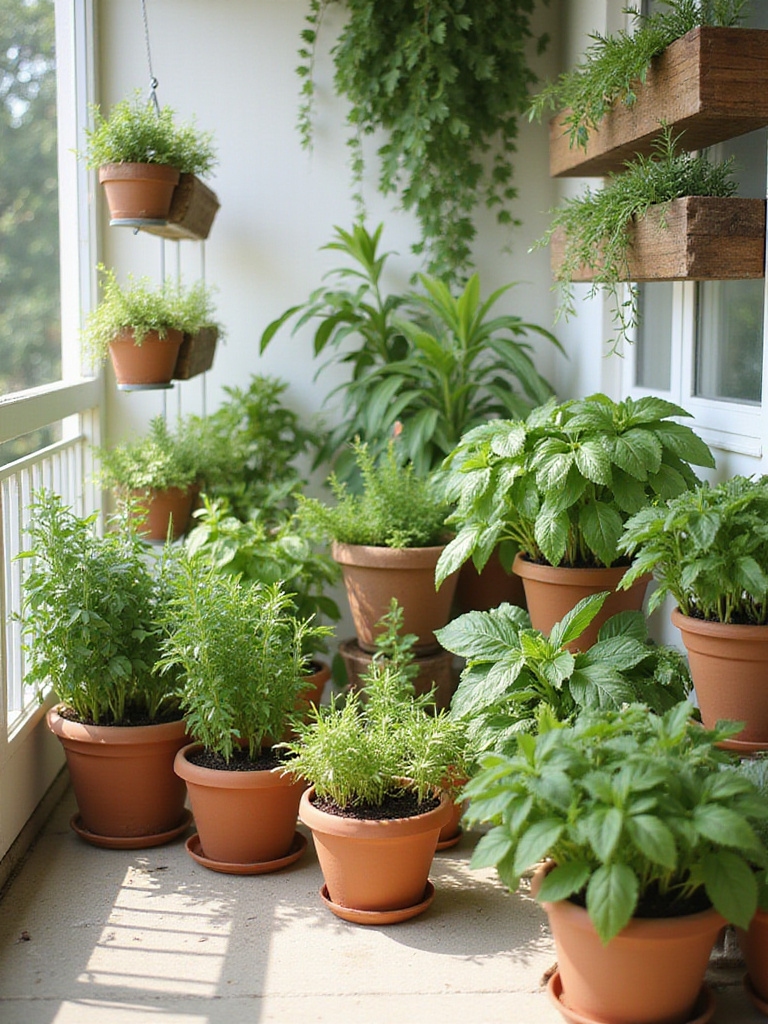 Compact herb garden on apartment balcony with terracotta pots, vertical planters, and hanging baskets filled with various herbs.