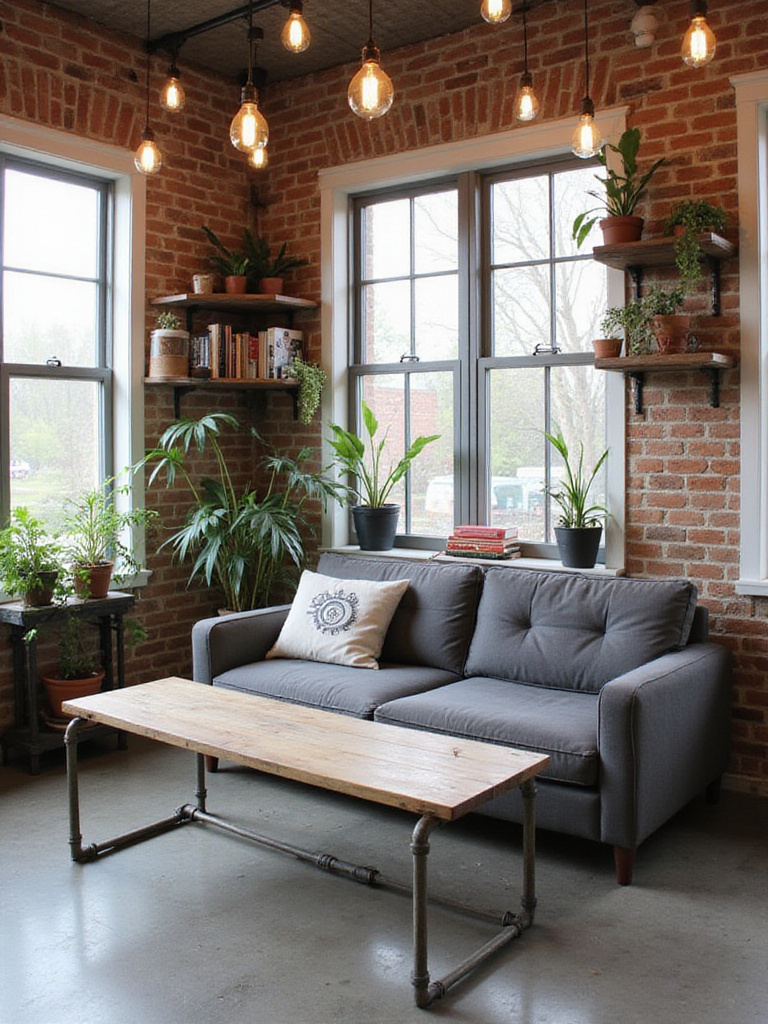 Industrial living room with DIY decor elements, including a reclaimed wood and pipe coffee table and wall-mounted shelves.