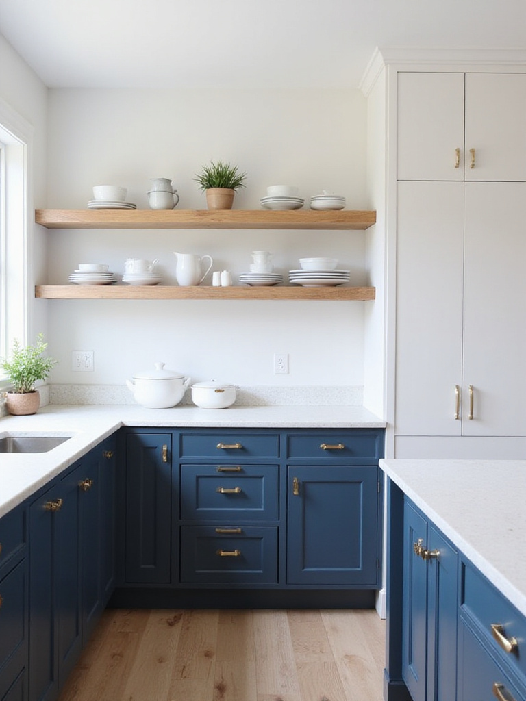 Modern kitchen featuring a mix of navy blue closed base cabinets, white upper cabinets, and natural wood open shelving displaying dishes.
