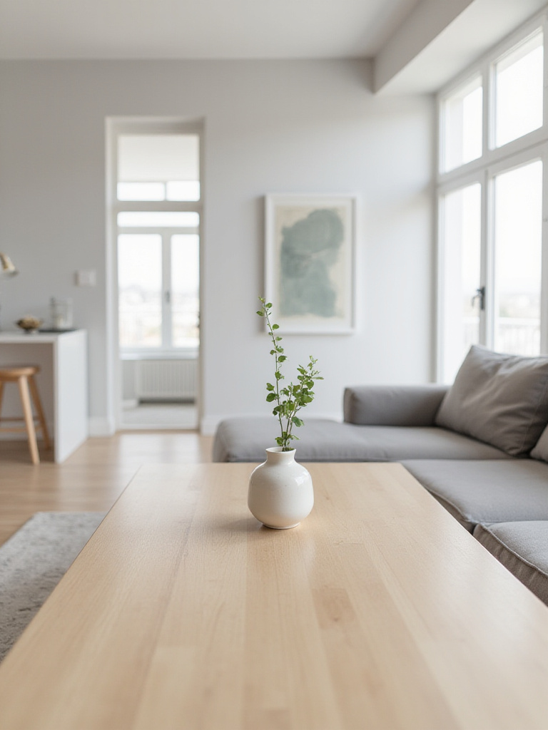 Minimalist living room with a clean coffee table and single vase