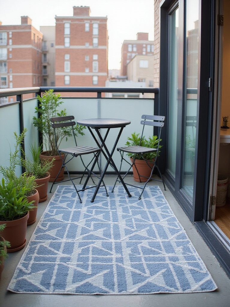Stylish outdoor rug defining a balcony space with a bistro set and potted plants.
