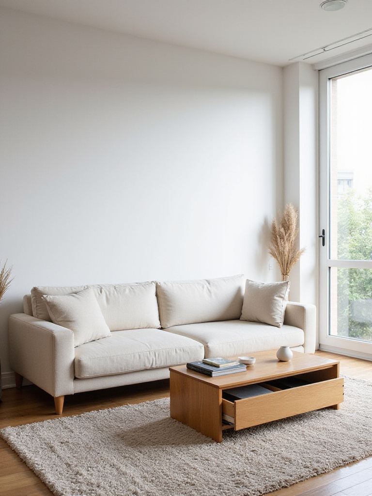Minimalist living room with functional furniture and hidden storage.