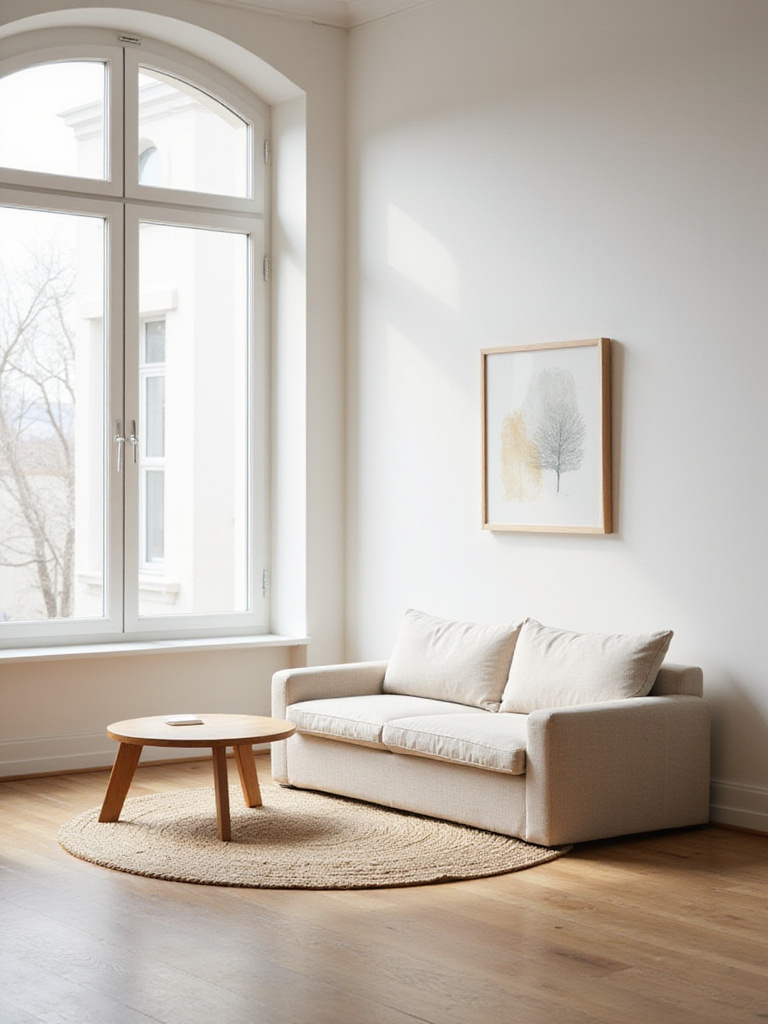Serene minimalist living room featuring natural light and intentional design.