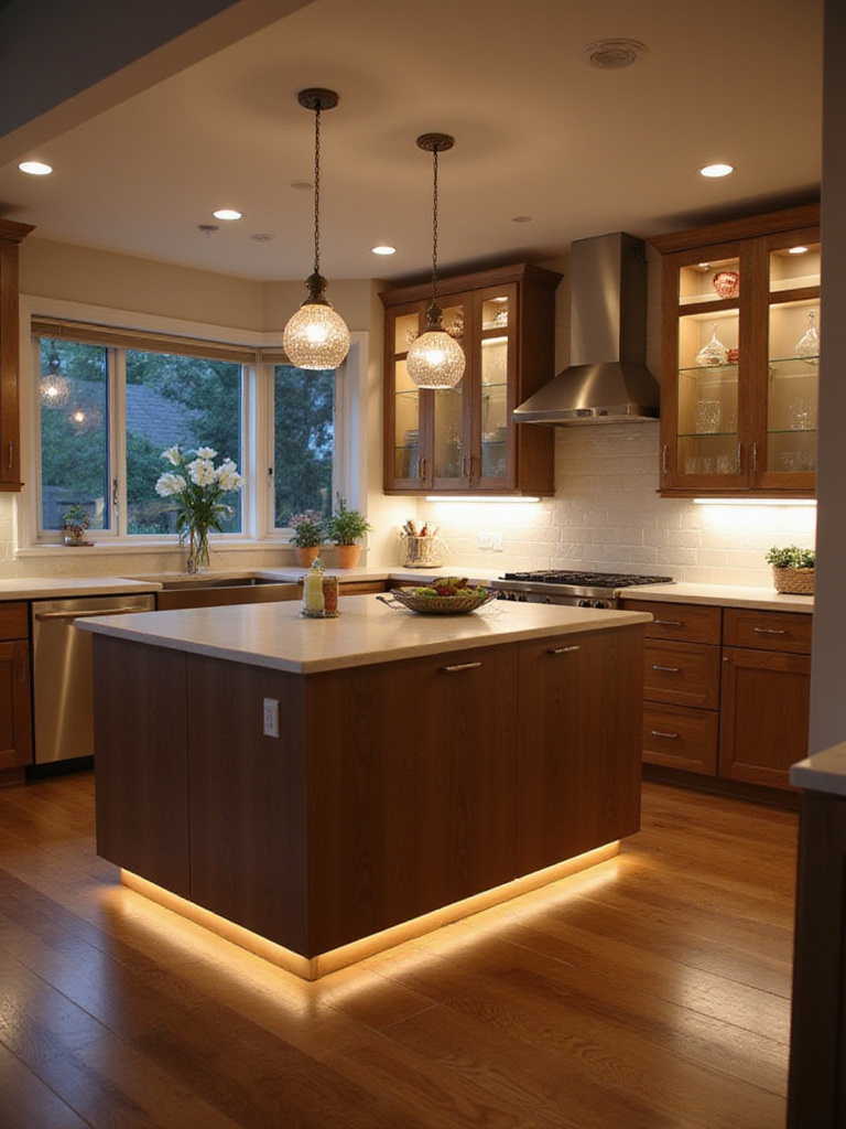 Modern kitchen showcasing layered lighting with recessed ambient lights, under-cabinet task lighting, island pendant lights, and in-cabinet accent lighting, creating functional work zones and a warm ambiance.