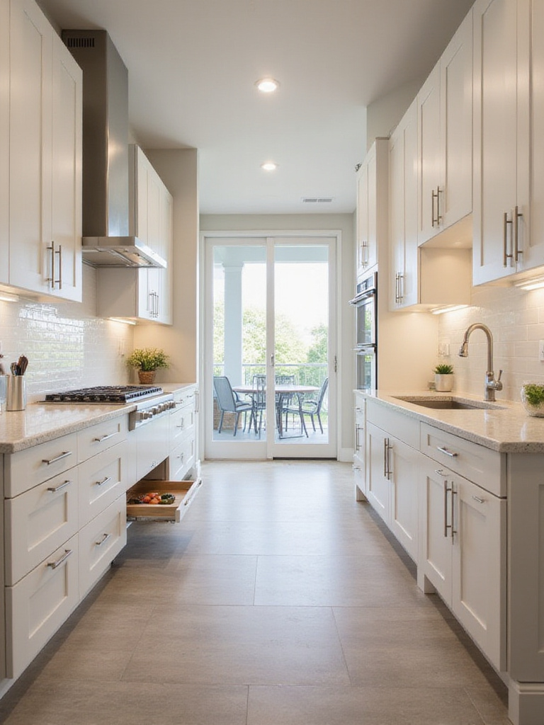 Modern accessible kitchen design featuring varied counter heights, wide pathways, pull-out cabinet drawers, and accessible faucet fixtures.