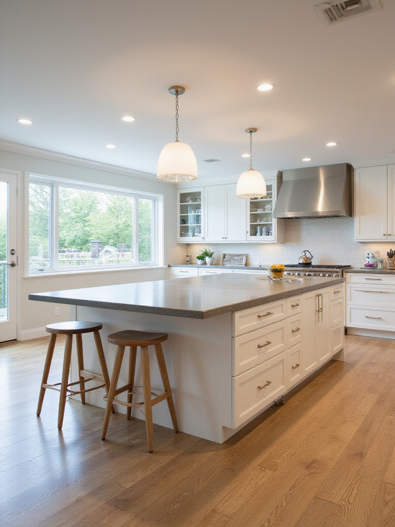 Modern kitchen with a large central island featuring seating, storage, and ample counter space, illuminated by natural light.