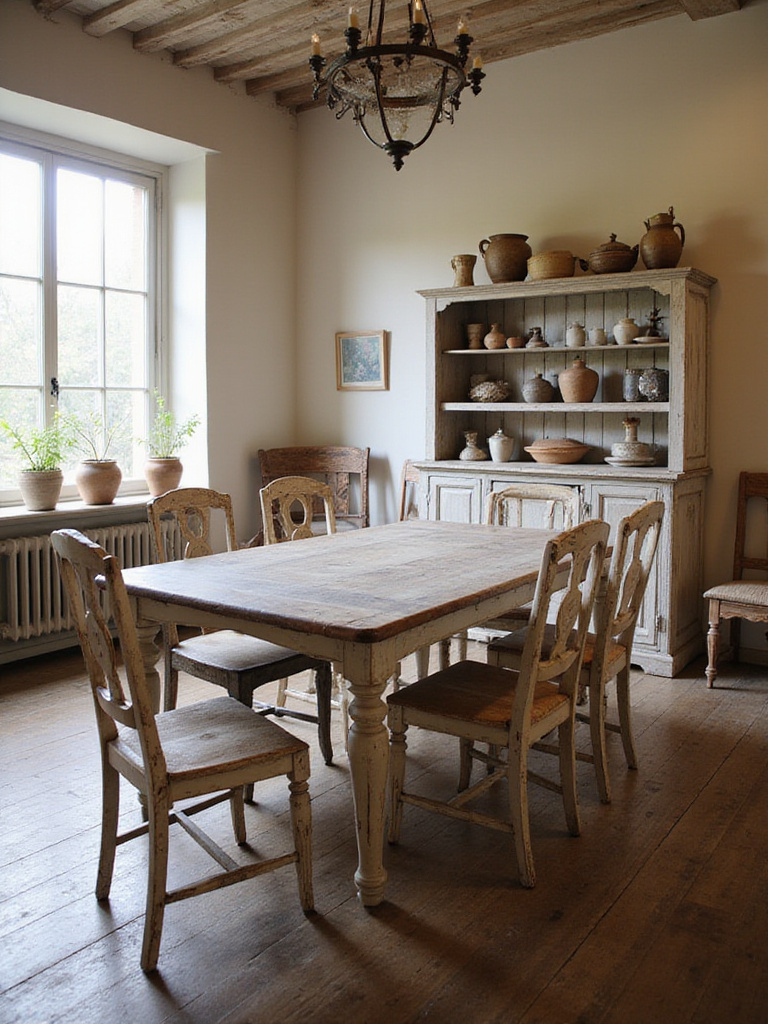 A warm farmhouse dining room featuring a large distressed wood dining table and chairs, with a distressed buffet in the background.