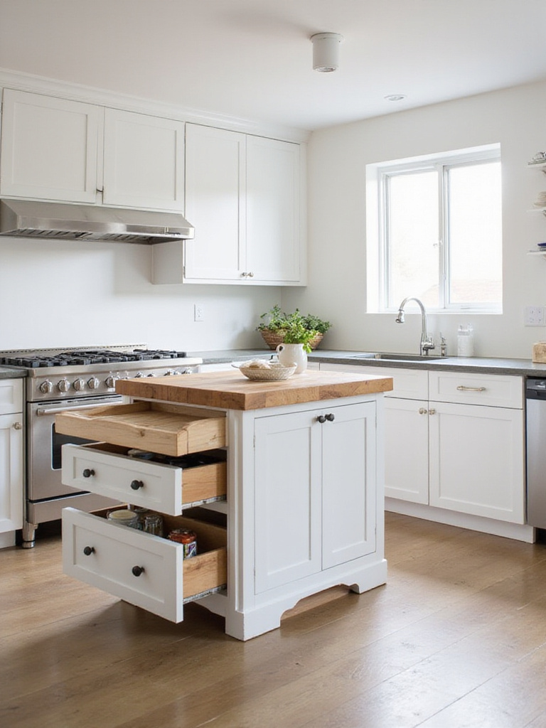 Small kitchen design with multi-functional island and drop-leaf table.