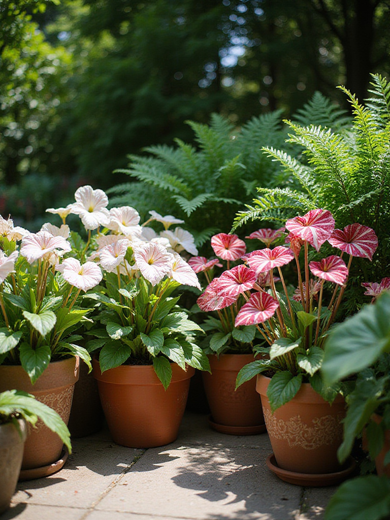 Colorful caladium plants in pots on a shaded patio