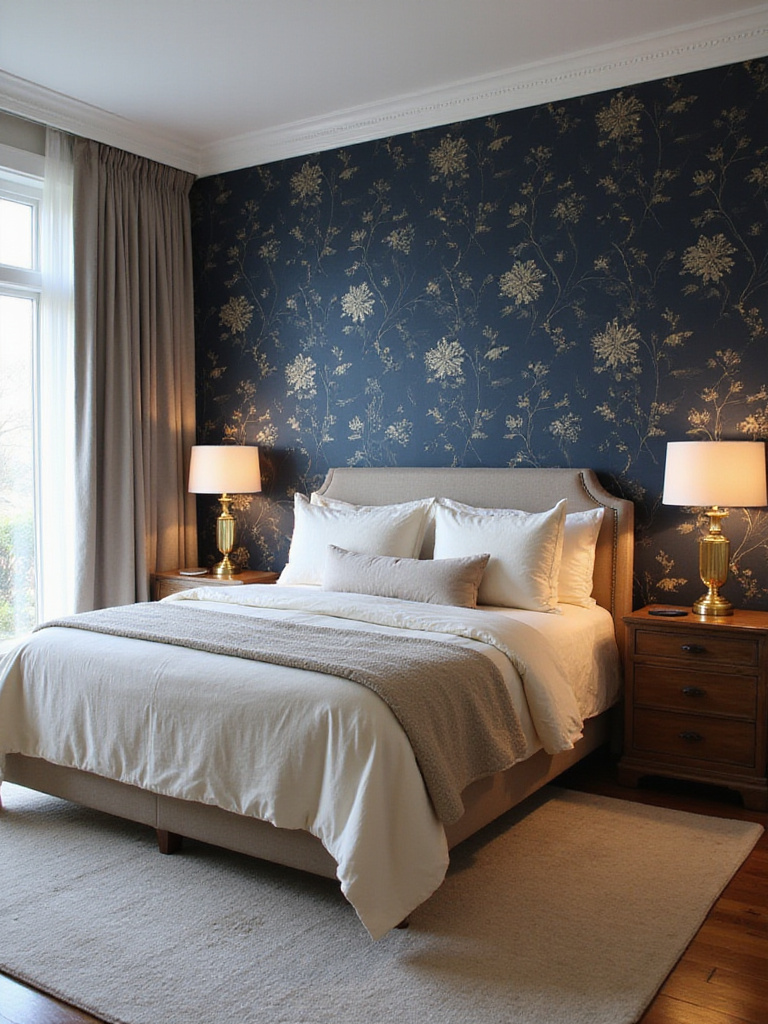 Master bedroom with dramatic dark blue floral wallpaper and light cream bedding.