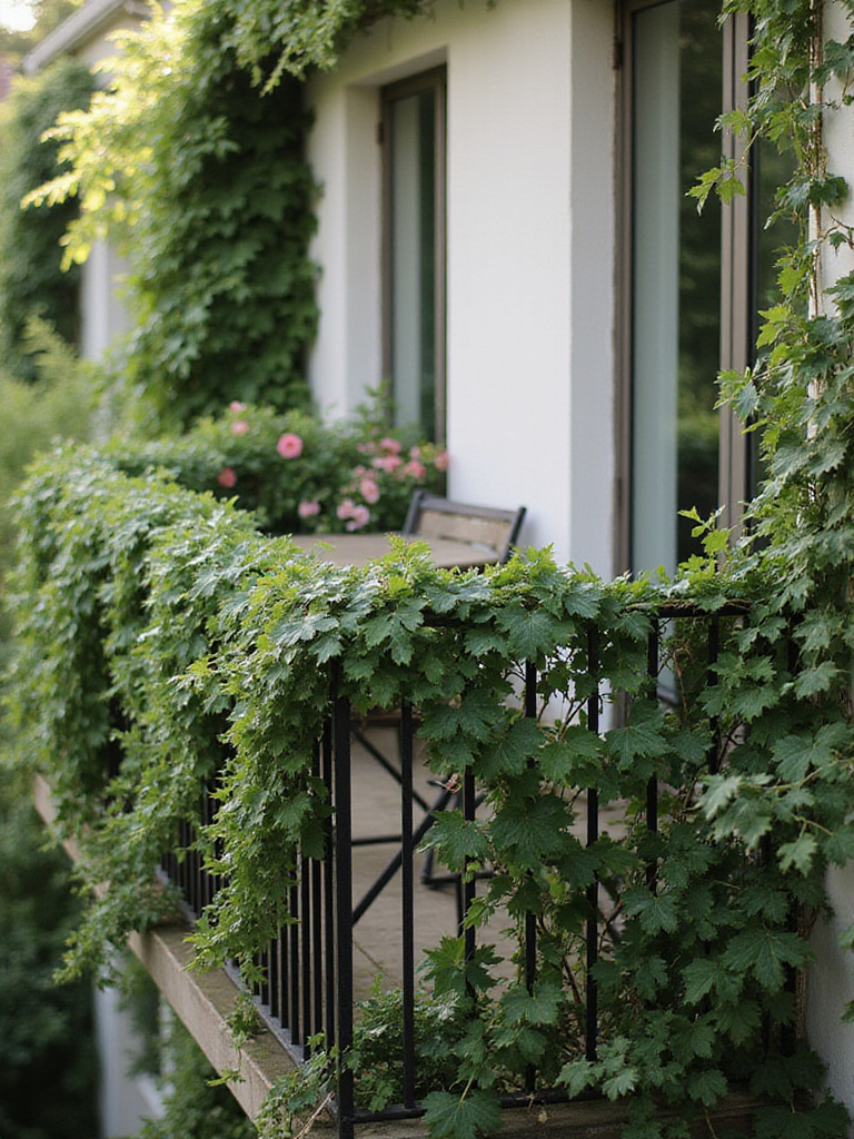 Balcony decorated with lush green garlands and vines for a relaxing oasis.
