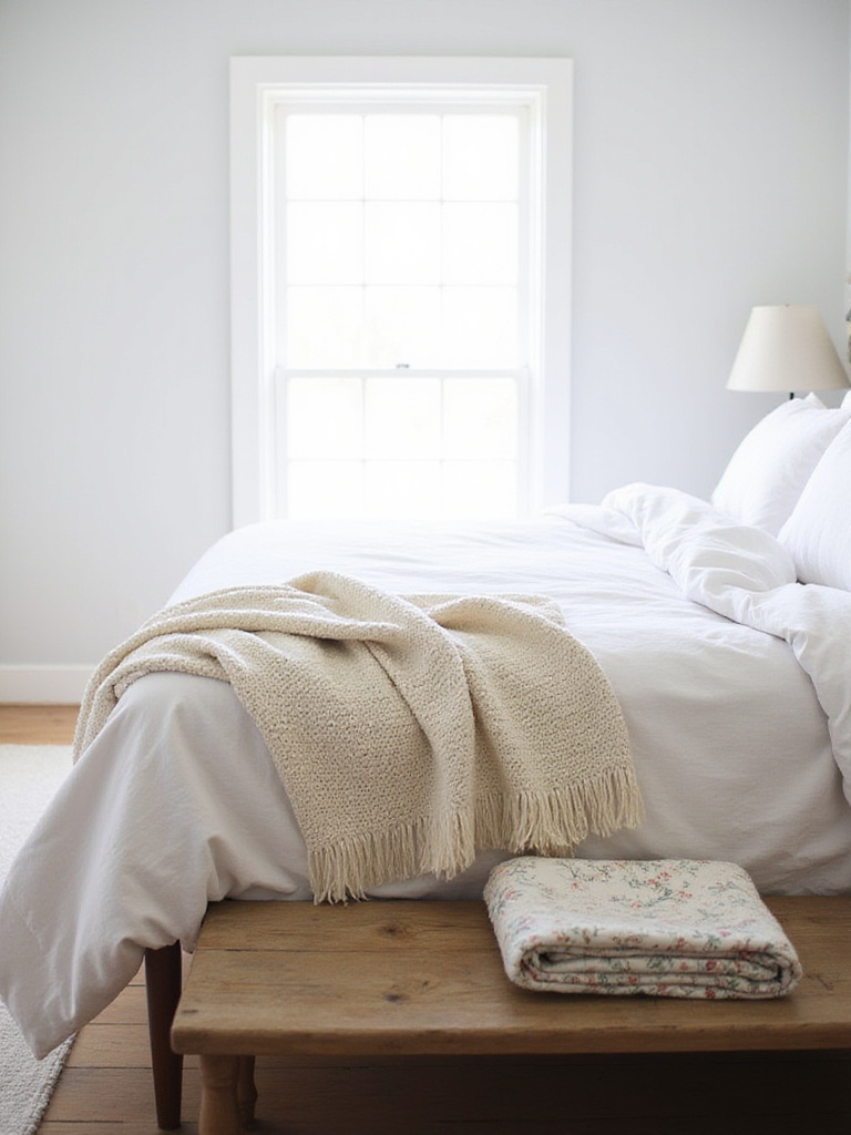 Farmhouse bedroom with white linen bedding, chunky knit throw blanket, and vintage quilt.