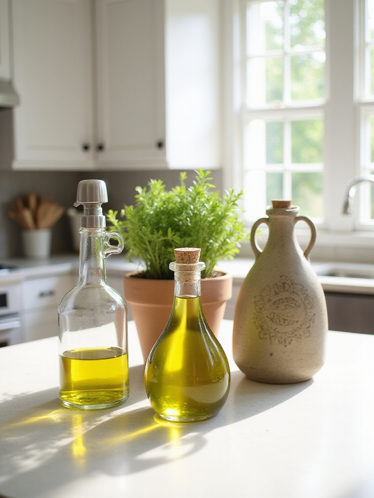 Decorative oil and vinegar bottles displayed on a kitchen countertop.