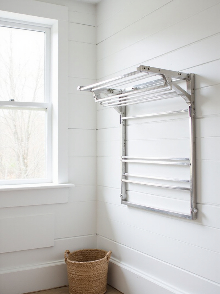 Modern laundry room with a space-saving wall-mounted drying rack.