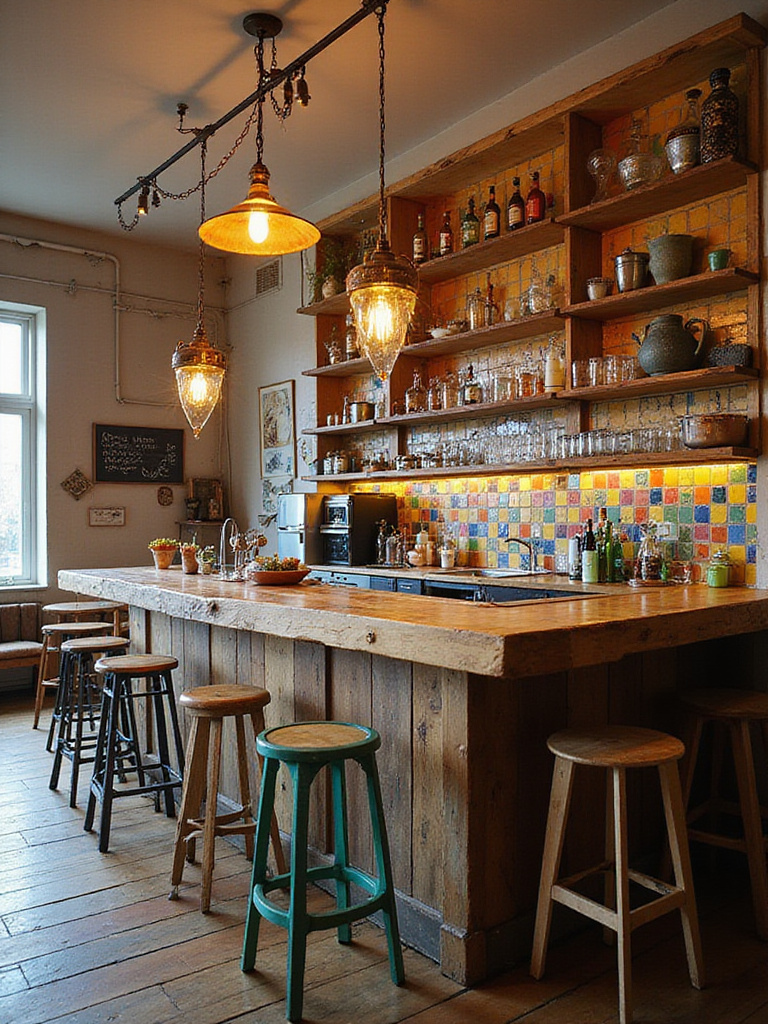 Eclectic kitchen bar with reclaimed wood countertop, mismatched tiles, and vintage chandelier.