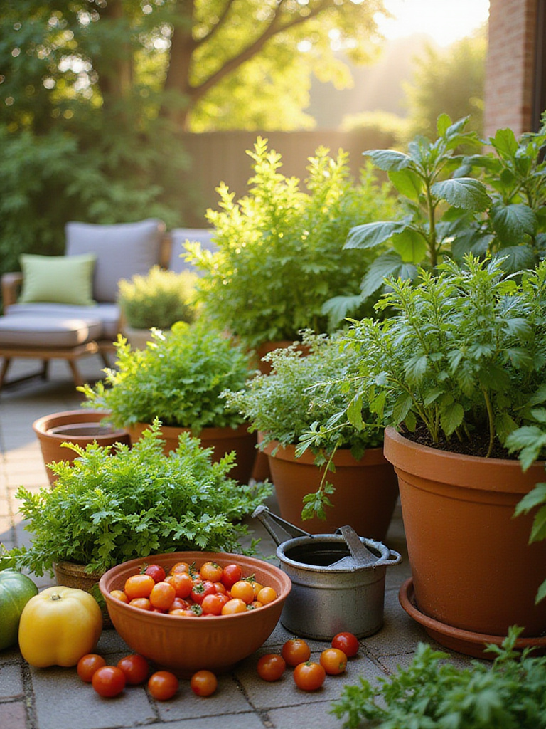 Edible patio garden with herbs and vegetables in terracotta pots