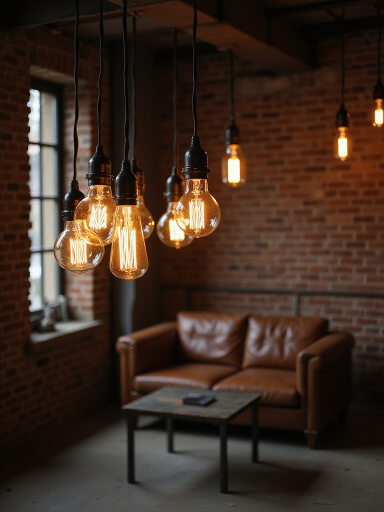 Industrial living room with Edison bulb pendant lighting