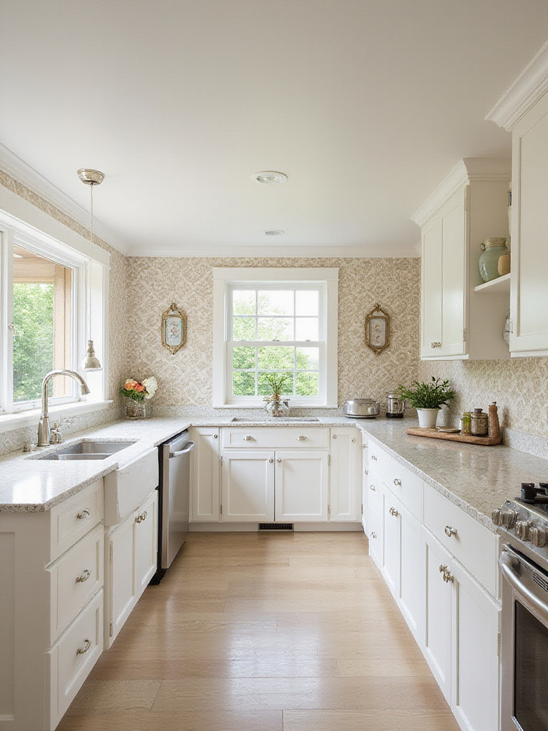 Kitchen with white cabinets and cream and gold damask wallpaper accent wall