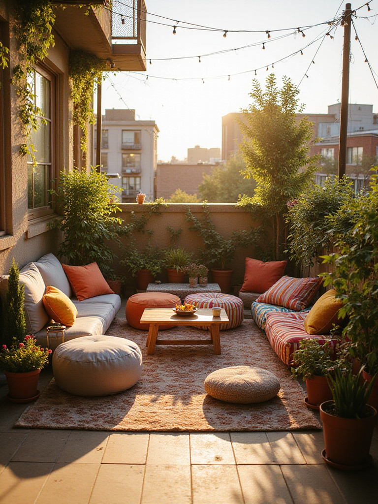 Cozy apartment balcony with floor cushions and poufs for seating