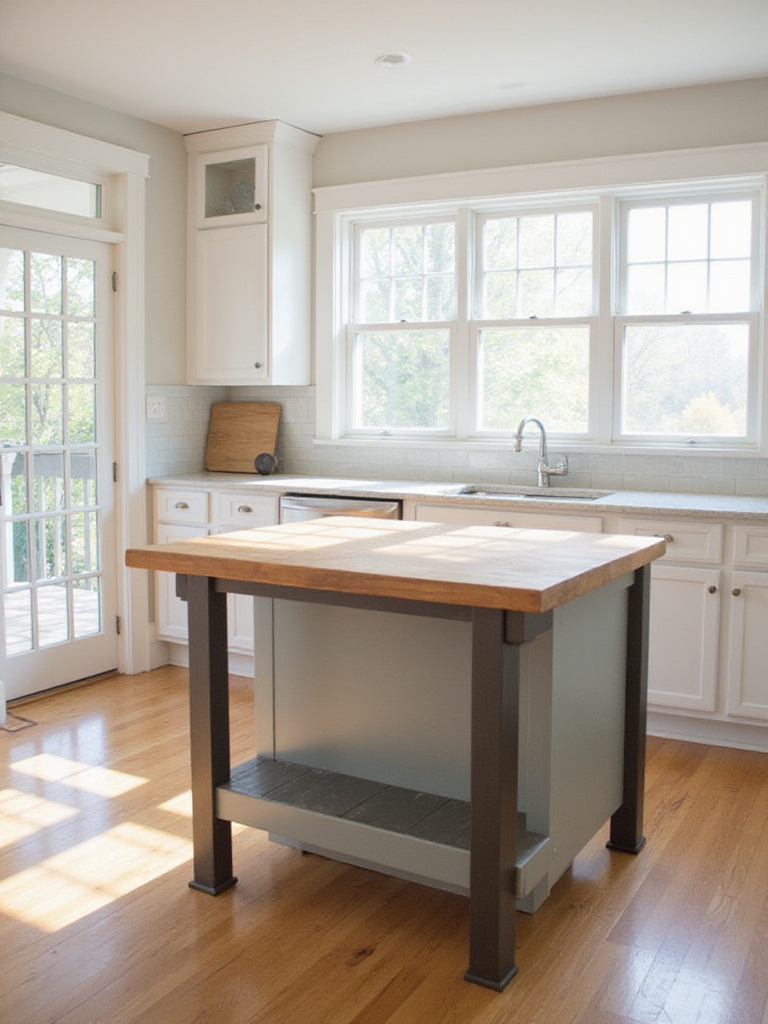 Budget-friendly kitchen island with a natural butcher block top and simple dark-painted wooden legs in a bright kitchen.