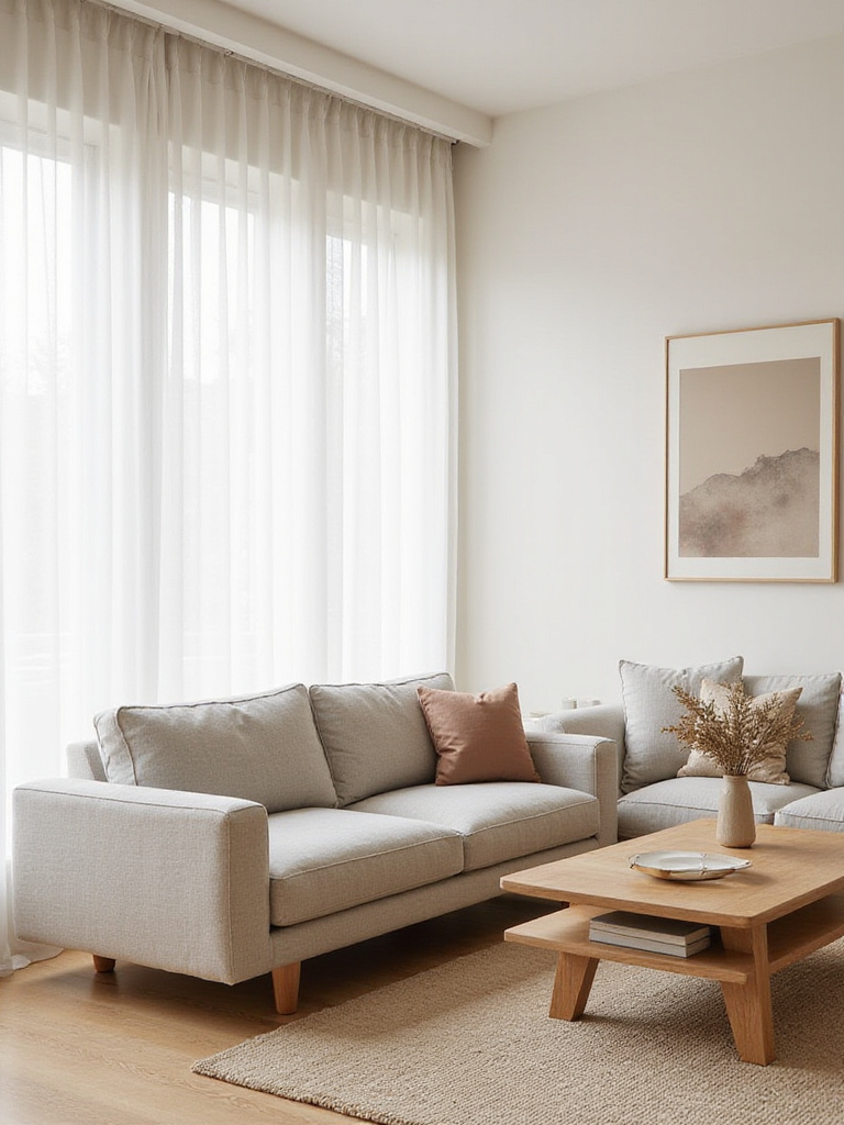 Modern living room with neutral color palette and natural light