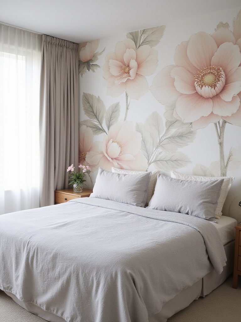 Serene master bedroom with muted watercolor floral wallpaper behind the bed.