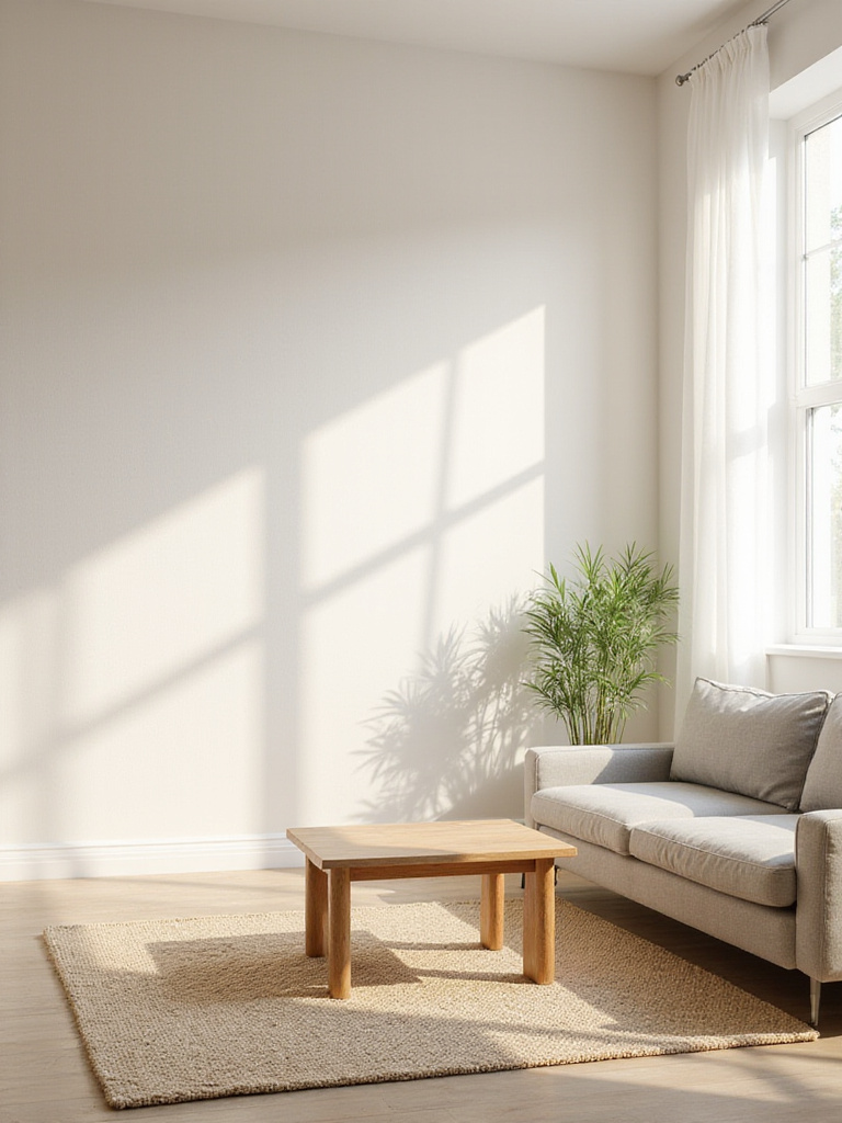 Serene minimalist living room with neutral color palette and natural textures.