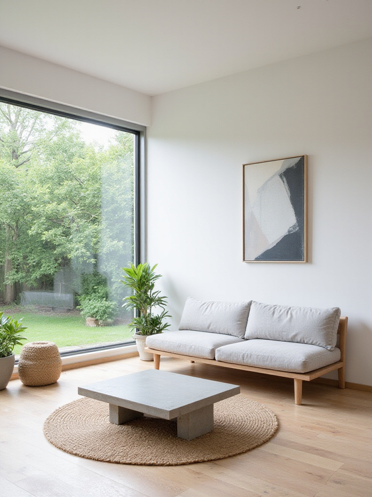 Minimalist living room featuring clean lines, geometric furniture, and natural light.