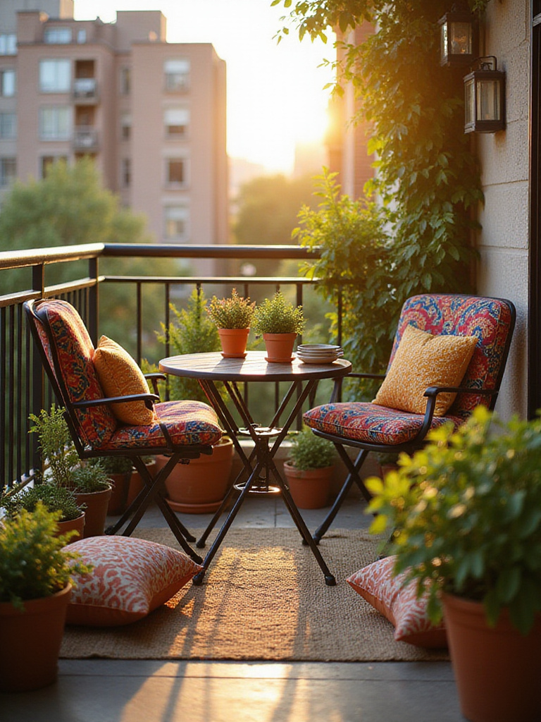 Cozy apartment balcony with weatherproof pillows and cushions on chairs and floor.