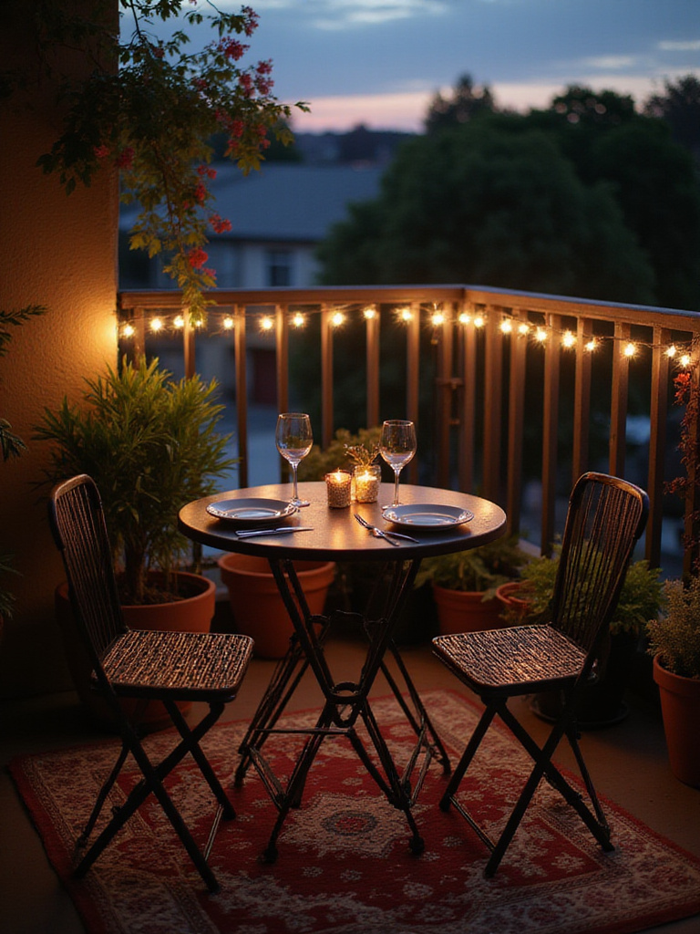 Charming bistro set for two on apartment balcony at dusk