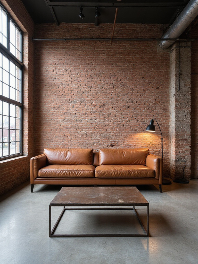 Industrial living room with exposed brick wall, leather sofa, and concrete floor