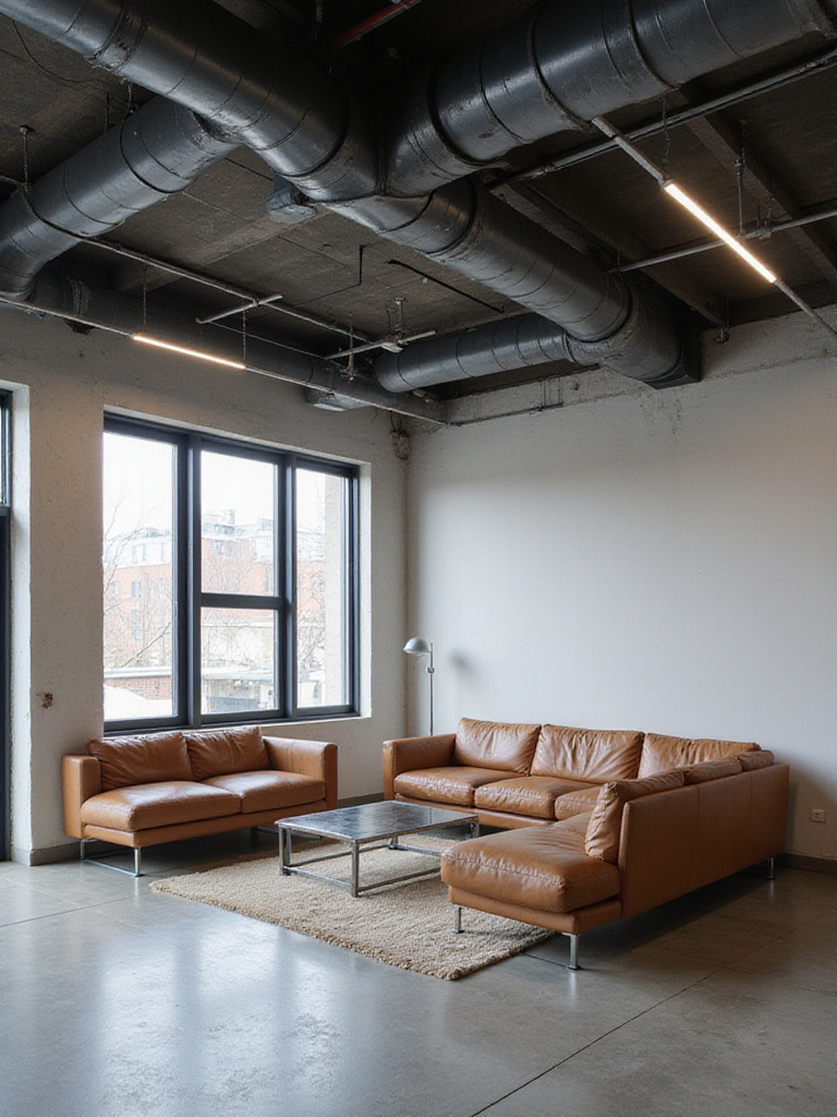 Industrial living room with exposed ductwork and pipes, concrete floors, and minimalist furniture.