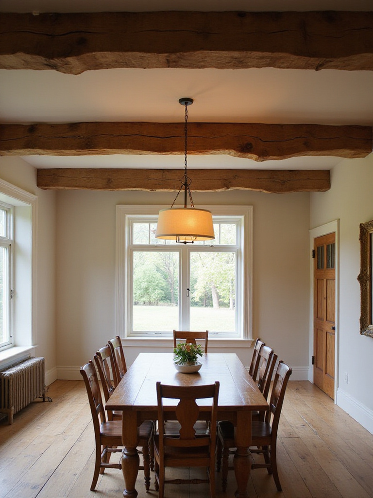 Farmhouse dining room with exposed wood beams on the ceiling above a rustic wooden dining table and chairs.